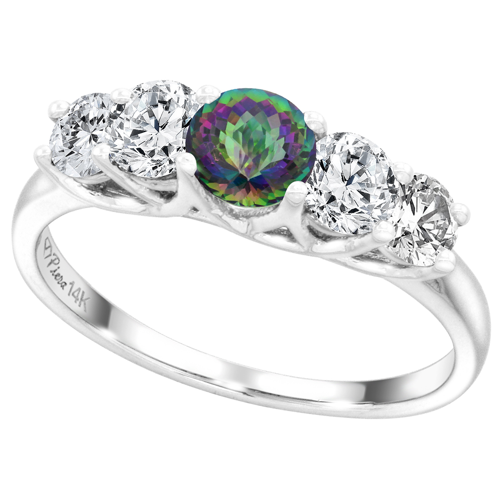 14k White Gold 0.7ct Diamond & Genuine Mystic Topaz 5-Stone Ring Round Briliant cut 4.8mm, size 5-10