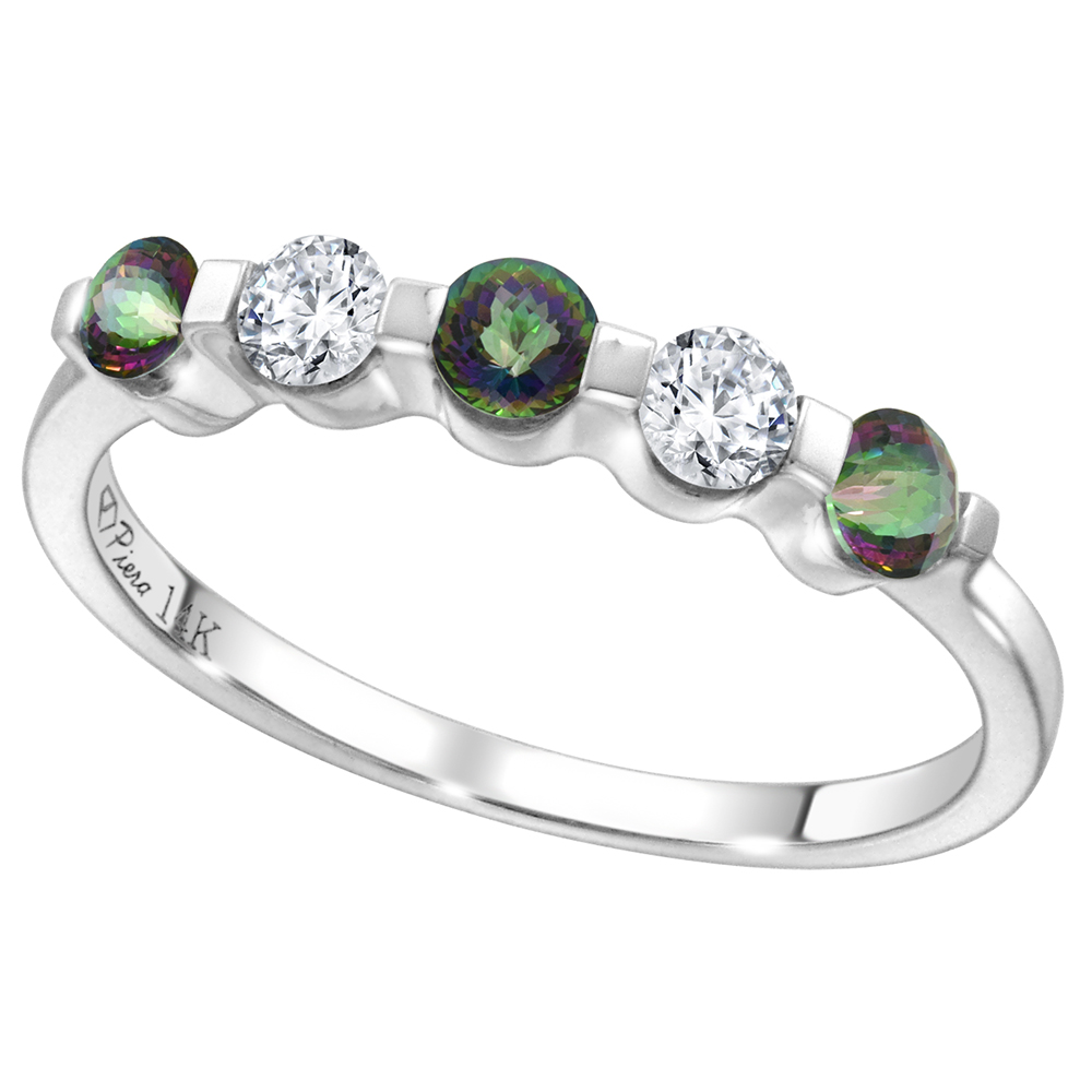 14k White Gold 0.23ct Diamond & Genuine Mystic Topaz 5-Stone Ring Round Brilliant cut 3mm, size 5-10