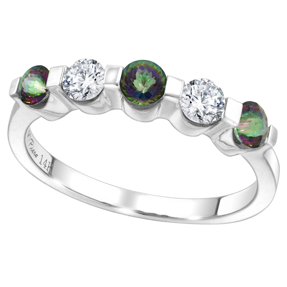 14k White Gold 0.33ct Diamond & Genuine Mystic Topaz 5-Stone Ring Round Brilliant cut 3.4mm, size 5-10