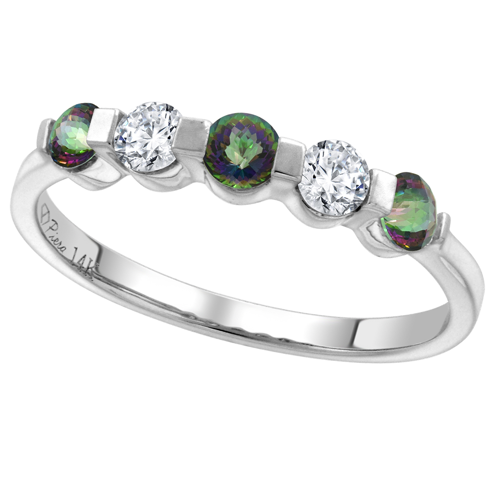 14k White Gold 0.23ct Diamond & Genuine Mystic Topaz 5-Stone Ring Round Brilliant cut 3mm, size 5-10