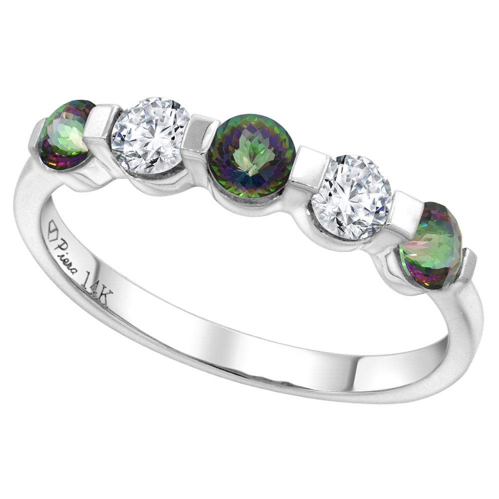 14k White Gold 0.33ct Diamond & Genuine Mystic Topaz 5-Stone Ring Round Brilliant cut 3.4mm, size 5-10