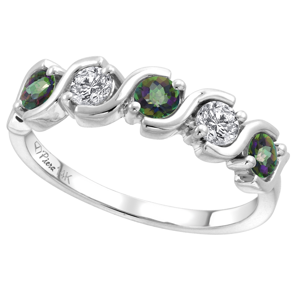 14k White Gold 5-Stone Diamond & Genuine Mystic Topaz Ring Round Brilliant cut 0.23 cttw 3mm, size 5-10