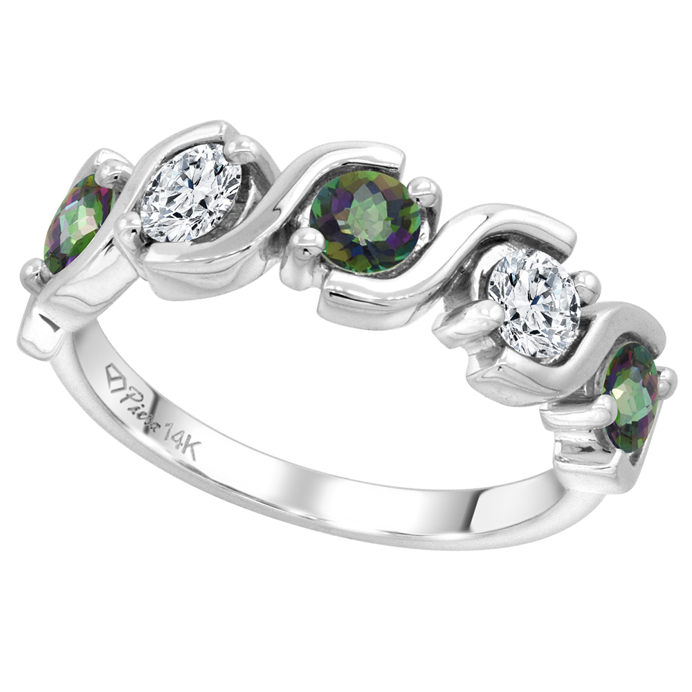 14k White Gold 5-Stone Genuine Mystic Topaz and Diamond Ring Round Brilliant cut 0.4ct 3.7mm, size 5-10