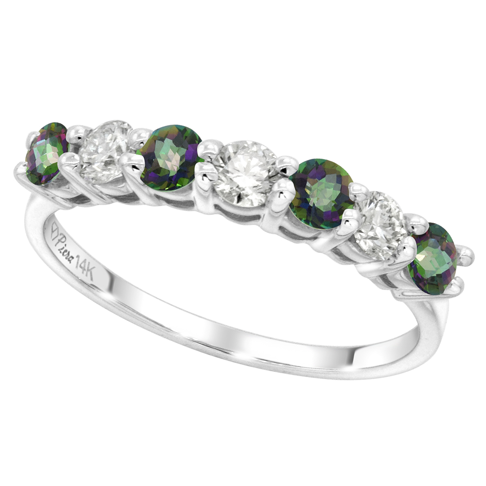 14k White Gold Genuine Mystic Topaz and Diamond 7-stone Ring Round Brilliant cut 0.35ct 3mm, size 5-10