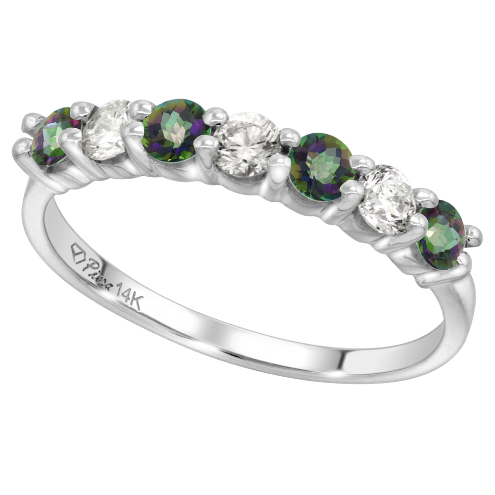 14k White Gold Genuine Mystic Topaz and Diamond 7-Stone Ring Round Brilliant cut 0.35cttw 3mm, size 5-10
