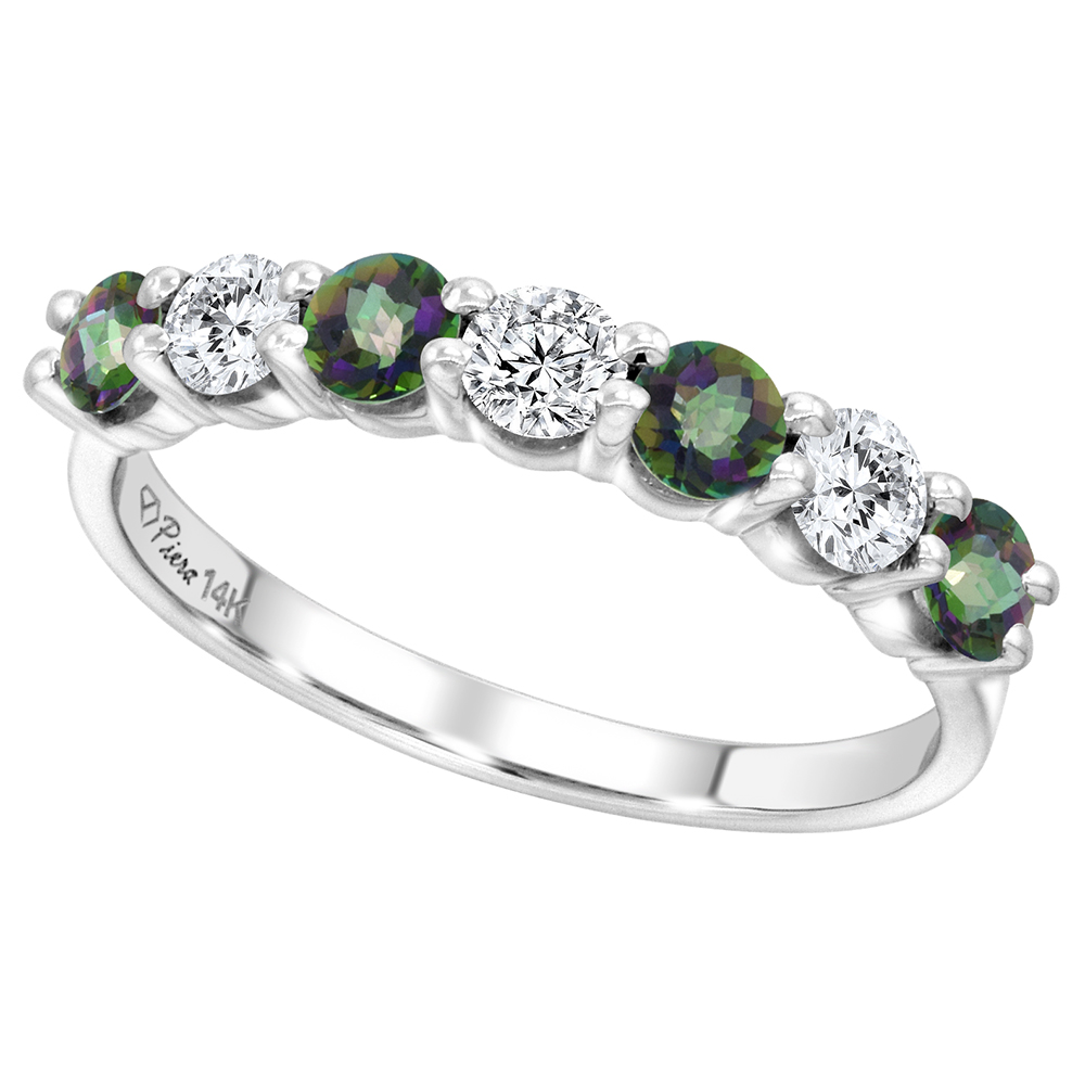 14k White Gold Genuine Mystic Topaz & Diamond 7-Stone Ring Round Brilliant cut 0.77cttw 4.1mm, size 5-10