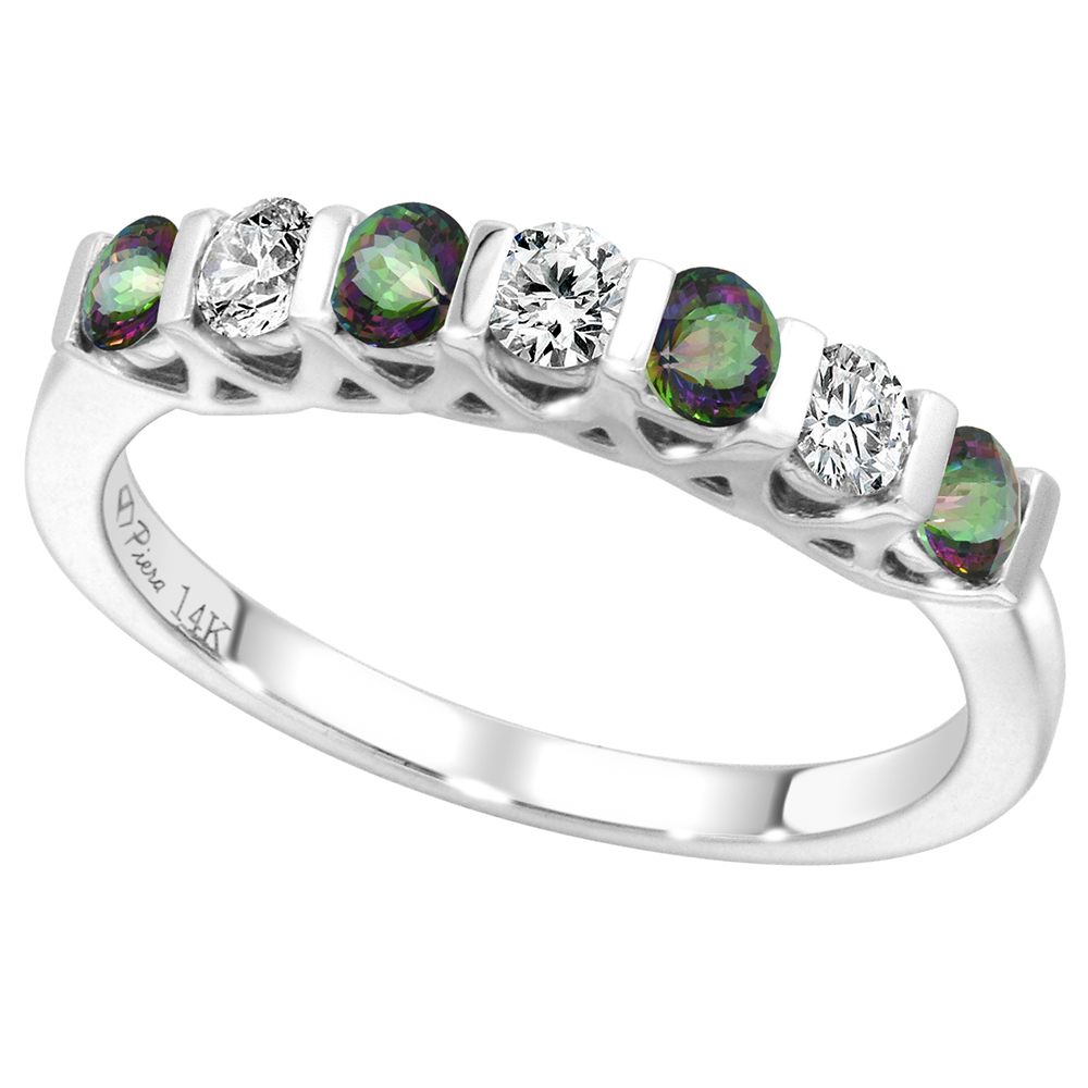 14k White Gold Genuine Mystic Topaz & Diamond 7-Stone Ring Round Brilliant cut 0.3cttw 2.8mm, size 5-10