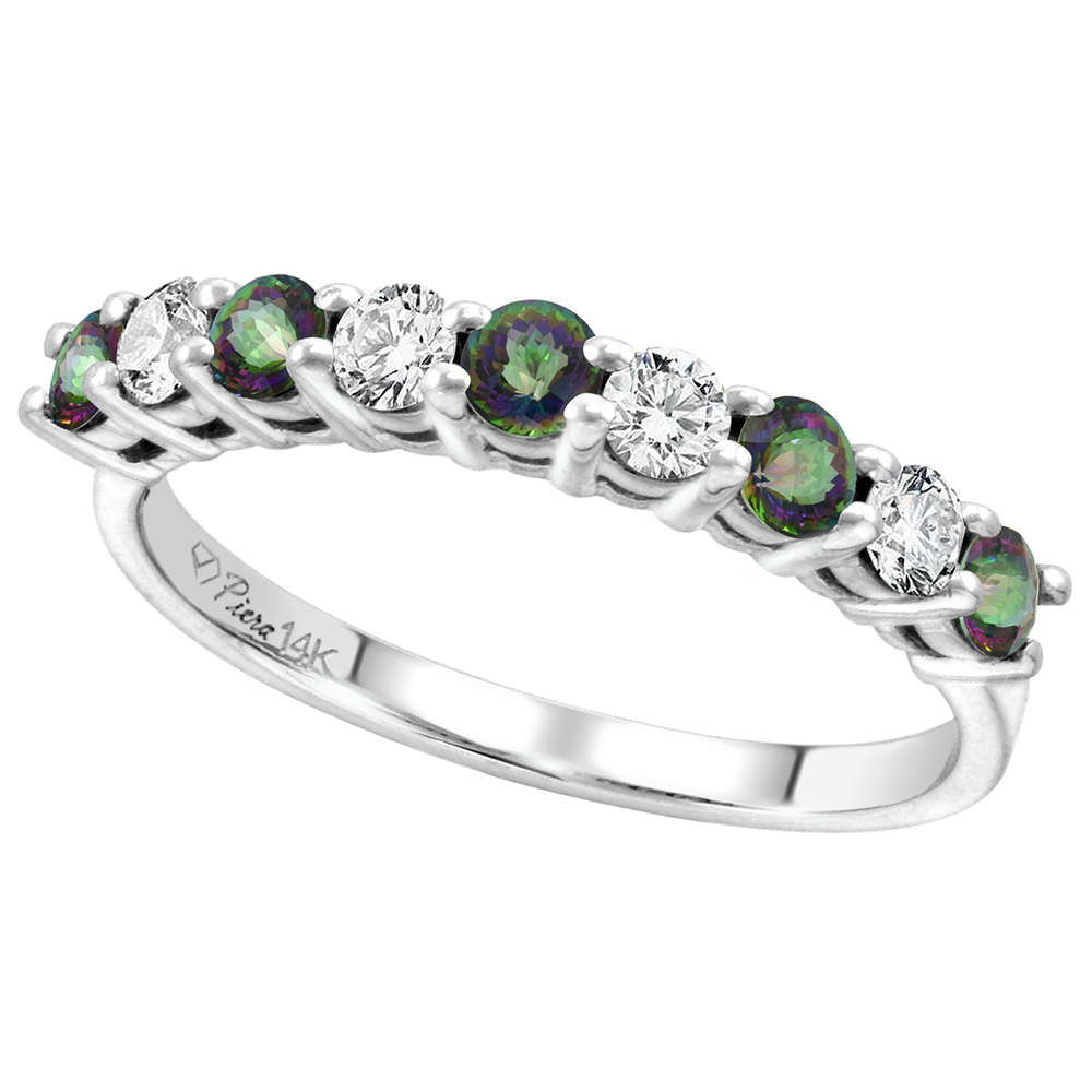 14k White Gold Diamond and Genuine Mystic Topaz 9-Stone Ring Round Brilliant cut 0.4cttw 2.8mm, size 5-10
