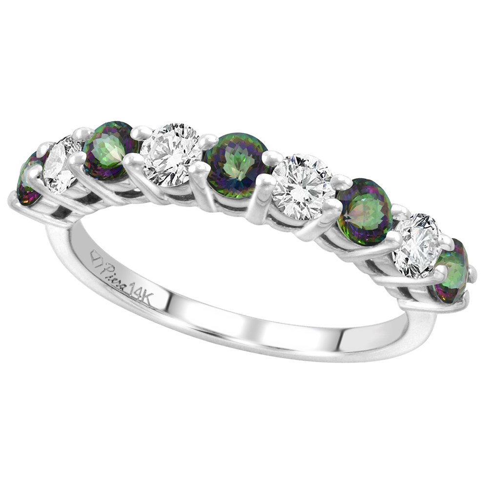14k White Gold Diamond & Genuine Mystic Topaz 9-Stone Ring Round Brilliant cut 0.52 cttw 3.1mm, size 5-10