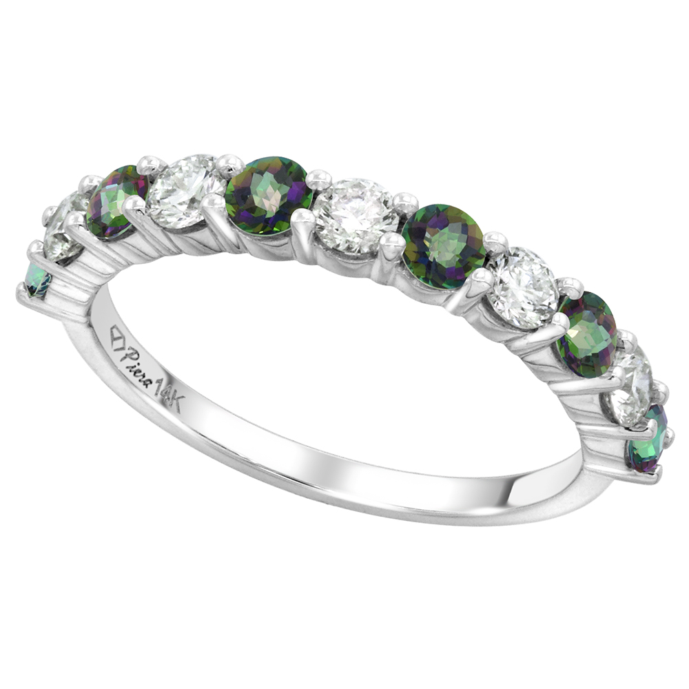 14k White Gold Genuine Mystic Topaz & Diamond 11 Stone Ring Round Brilliant cut 0.6ct 3mm, size 5-10