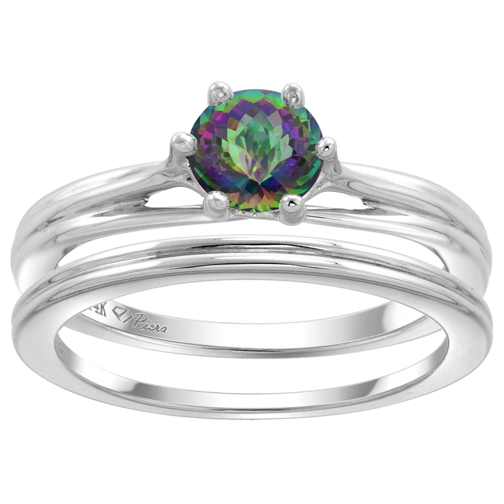 14k White Gold Genuine Mystic Topaz Solitaire Engagement 2pc Ring Set Round 6mm, size 5-10