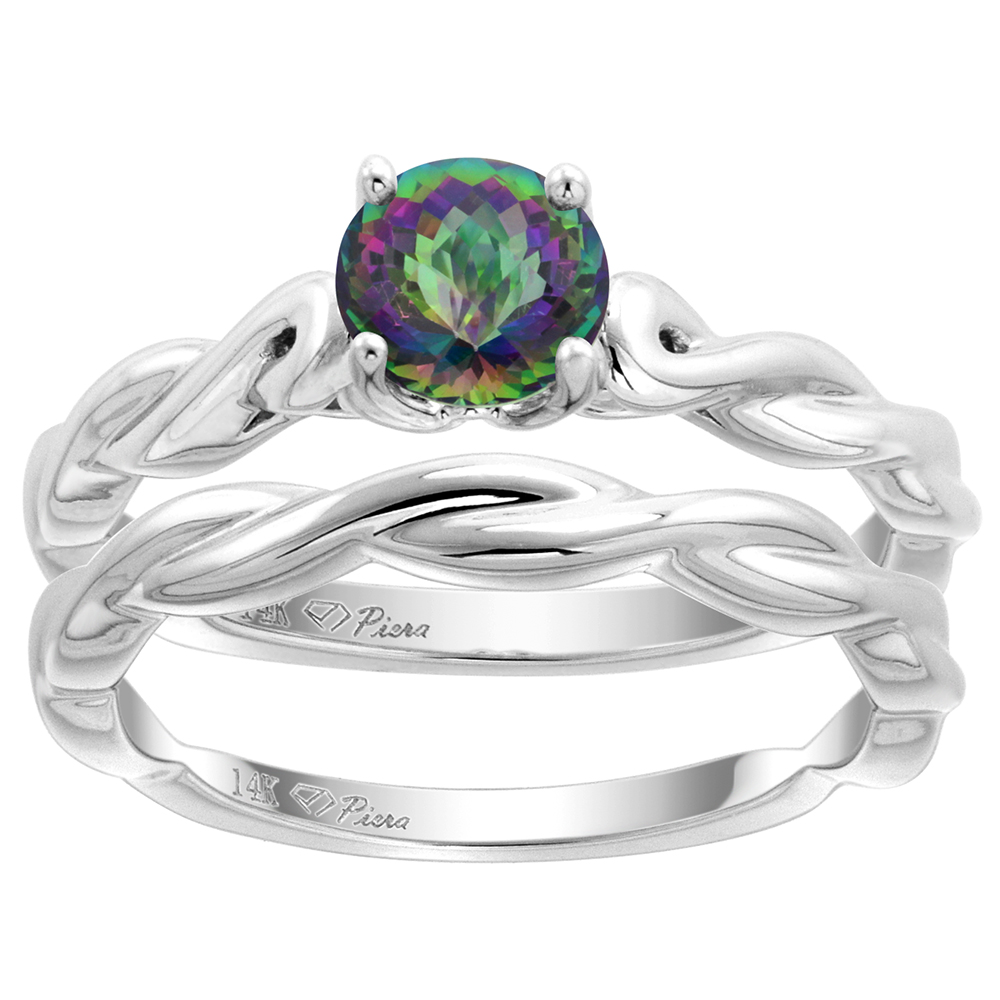 14k White Gold Genuine Mystic Topaz 2pc Solitaire Engagement Ring Set Round 6mm Twisted Shank, size 5-10