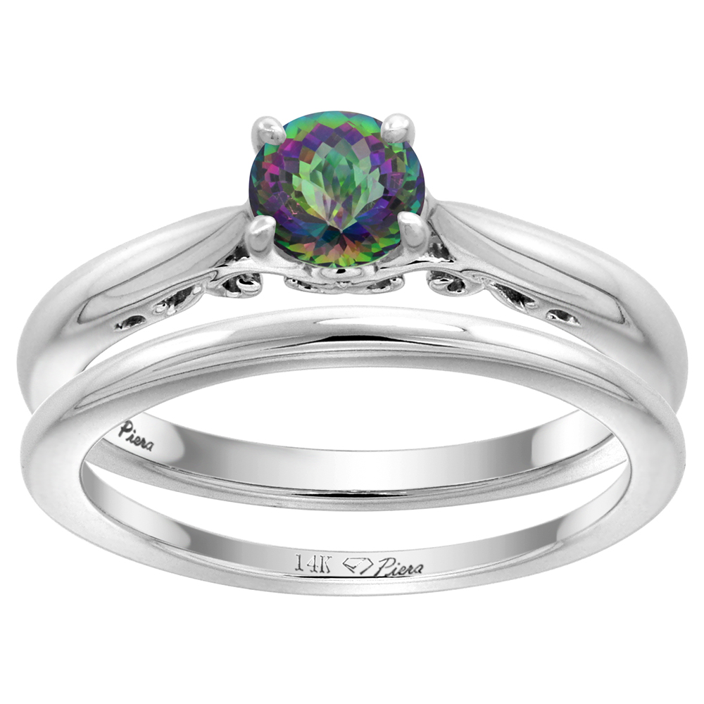 14k White Gold Genuine Mystic Topaz Solitaire Engagement 2pc Ring Set Round 6mm, size 5-10