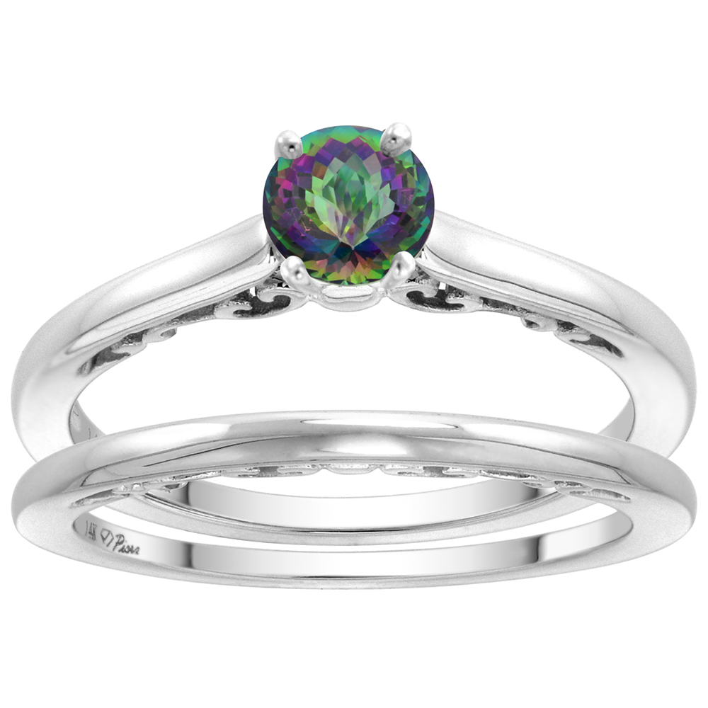 14k White Gold Genuine Mystic Topaz Solitaire Engagement 2pc Ring Set Round 4mm, size 5-10