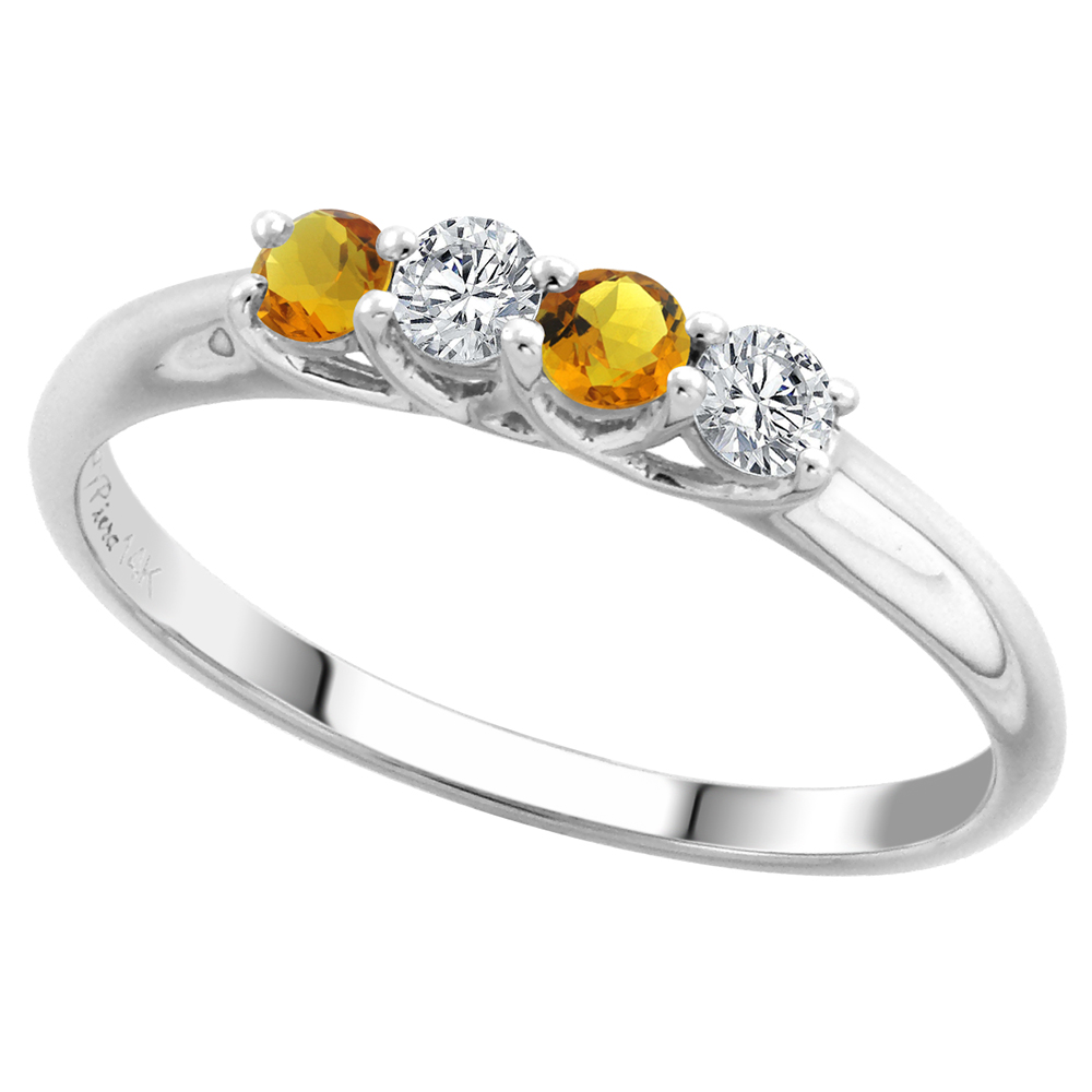14k White Gold Genuine Citrine and Diamond 4-Stone Ring Round Brilliant cut 0.17ct 2.7mm, size 5-10