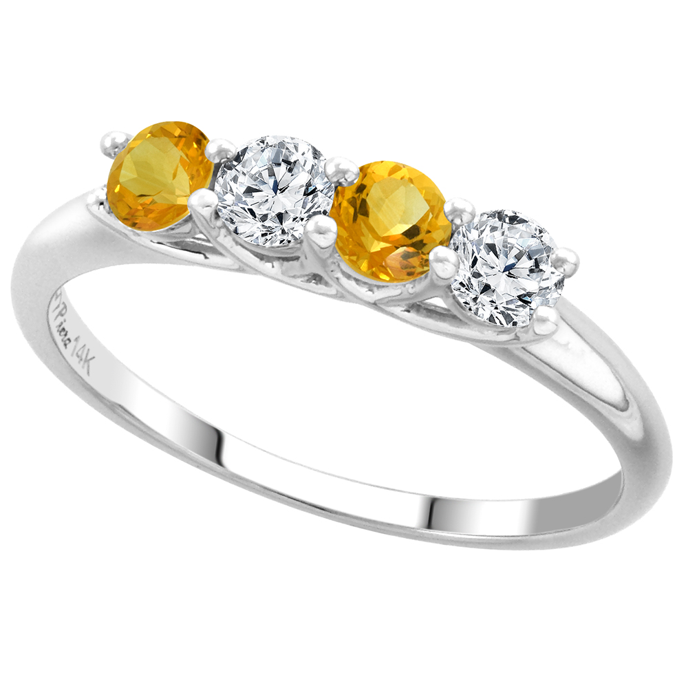 14k White Gold Genuine Citrine and Diamond 4-Stone Ring Round Brilliant cut 0.28ct 3.2mm, size 5-10