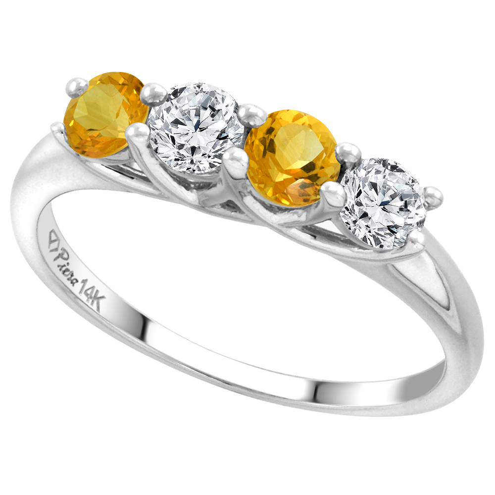 14k White Gold Genuine Citrine and Diamond 4-Stone Ring Round Brilliant cut 0.4cttw 3.7mm size 5-10