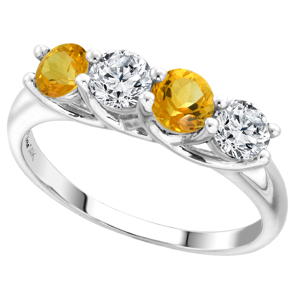 14k White Gold Genuine Citrine and Diamond 4-Stone Ring Round Brilliant cut 0.5cttw 4.1mm size 5-10