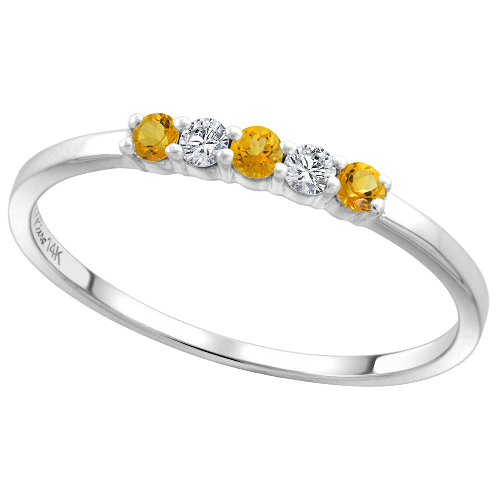 14k White Gold Genuine Citrine and Diamond 5-Stone Ring Round Brilliant cut 0.08cttw 2mm, size 5-10