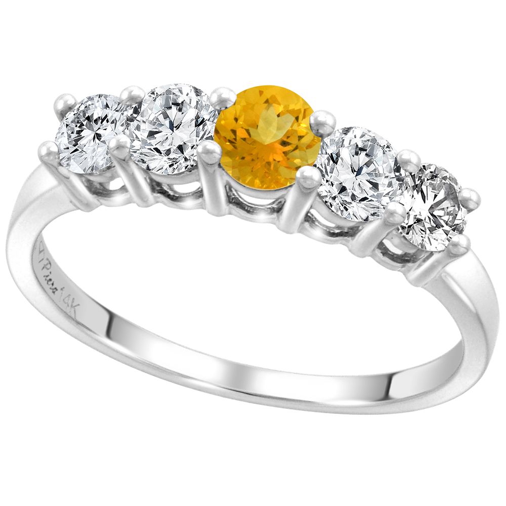 14k White Gold 0.6ct Diamond & Genuine Citrine 5-Stone Ring Round Brilliant cut 4mm, size 5-10