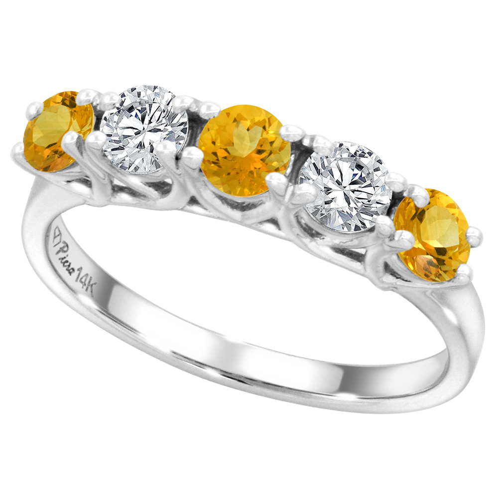 14k White Gold Genuine Citrine and Diamond 5-Stone Ring Round Brilliant cut 0.4ct 3.7mm, size 5-10