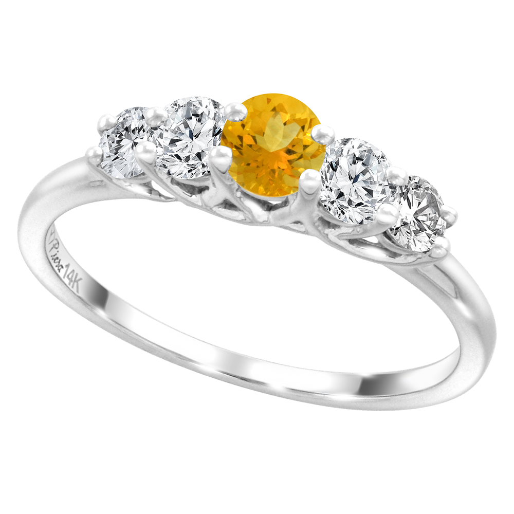 14k White Gold 0.4ct Diamond & Genuine Citrine 5-Stone Ring Round Brilliant cut 3.6mm, size 5-10