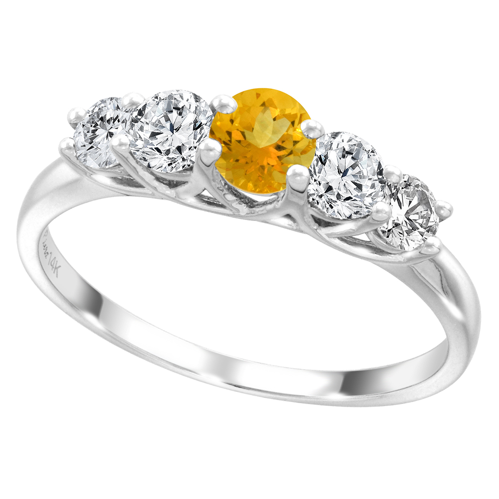 14k White Gold 0.6ct Diamond & Genuine Citrine 5-Stone Ring Round Brilliant cut 3.8mm, size 5-10