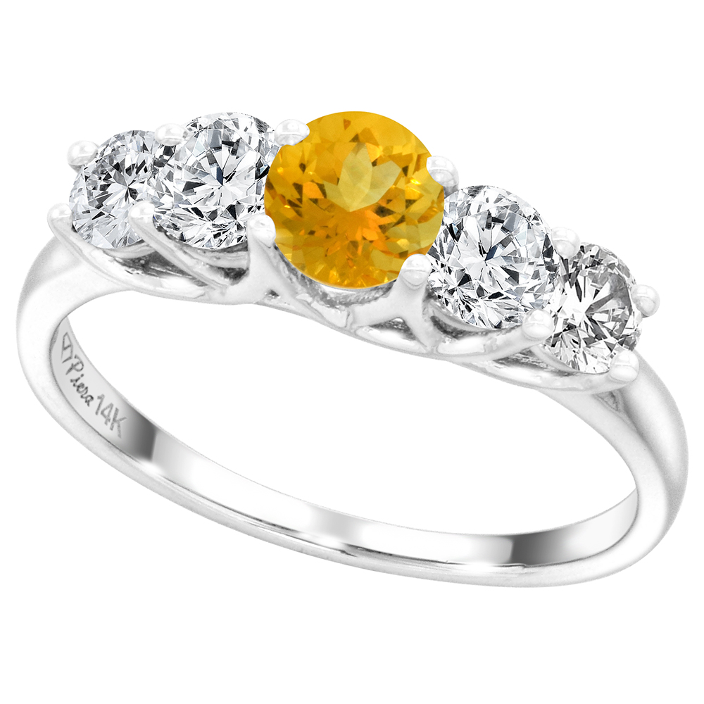 14k White Gold 0.7ct Diamond & Genuine Citrine 5-Stone Ring Round Briliant cut 4.8mm, size 5-10
