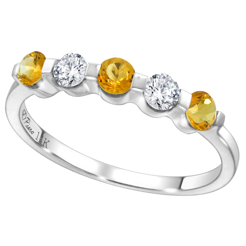 14k White Gold 0.23ct Diamond & Genuine Citrine 5-Stone Ring Round Brilliant cut 3mm, size 5-10