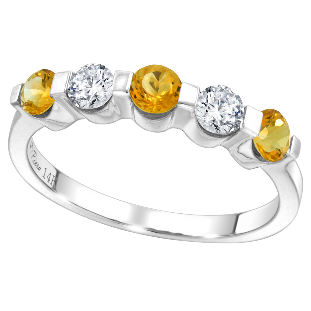 14k White Gold 0.33ct Diamond & Genuine Citrine 5-Stone Ring Round Brilliant cut 3.4mm, size 5-10
