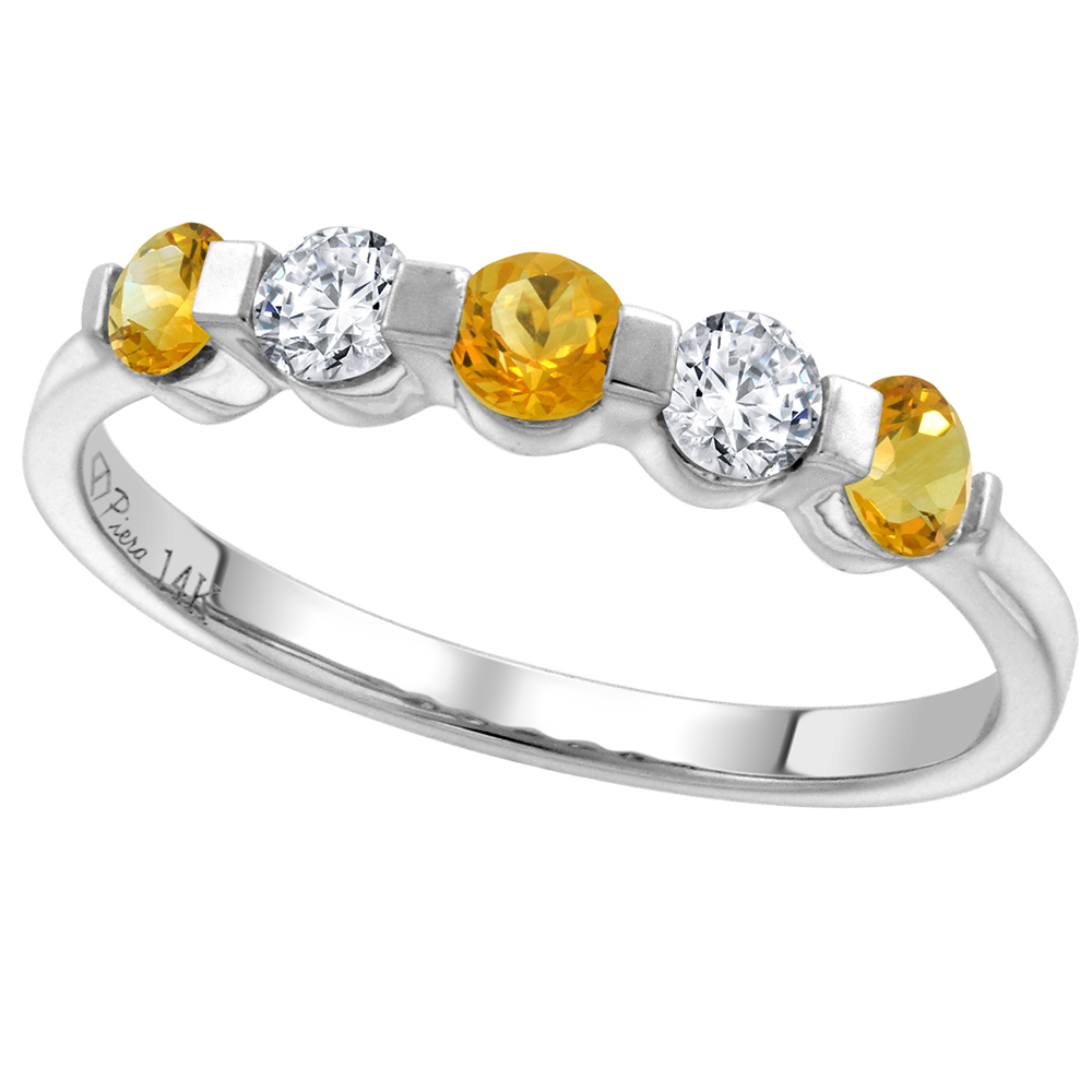 14k White Gold 0.23ct Diamond & Genuine Citrine 5-Stone Ring Round Brilliant cut 3mm, size 5-10