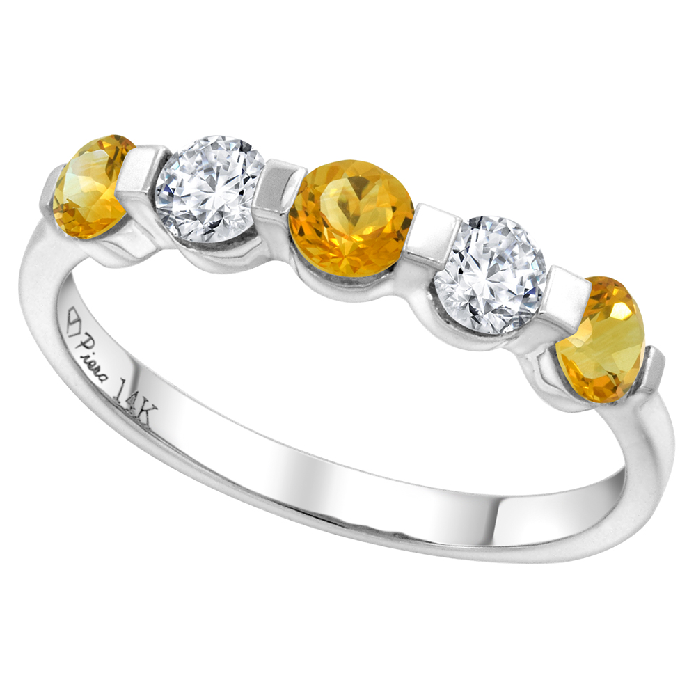 14k White Gold 0.33ct Diamond & Genuine Citrine 5-Stone Ring Round Brilliant cut 3.4mm, size 5-10