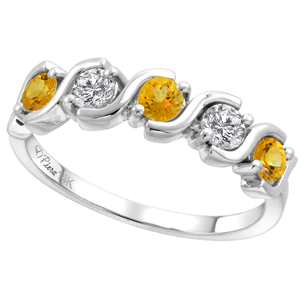 14k White Gold 5-Stone Diamond & Genuine Citrine Ring Round Brilliant cut 0.23 cttw 3mm, size 5-10
