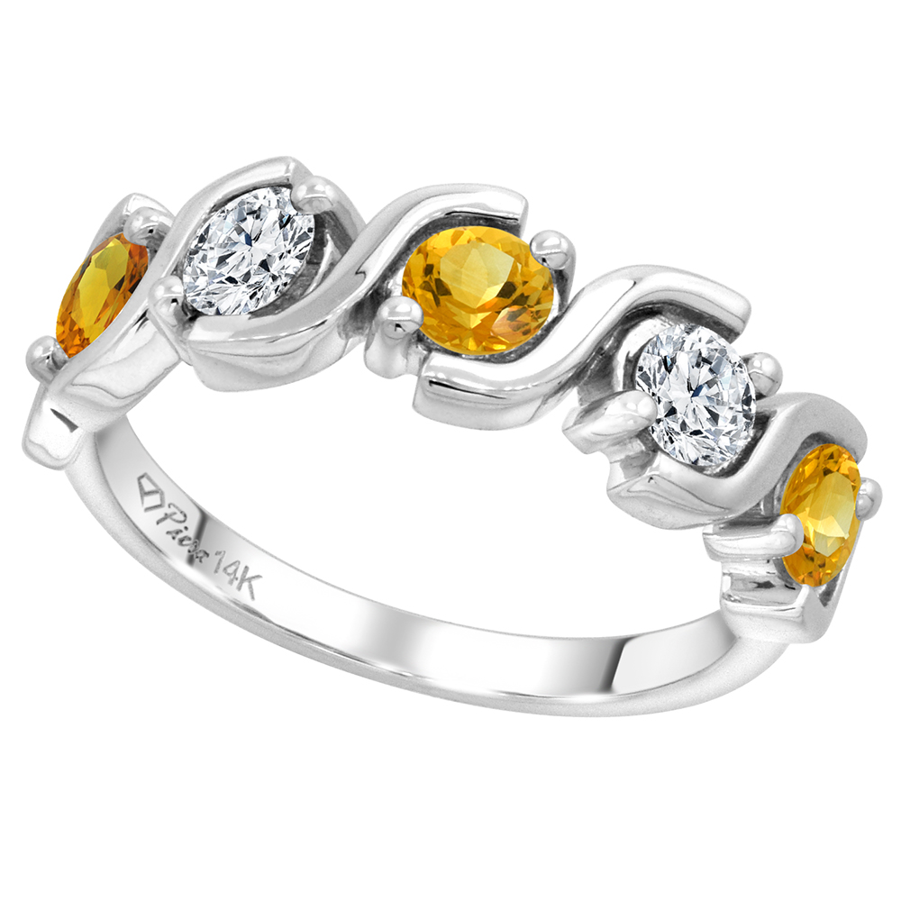 14k White Gold 5-Stone Genuine Citrine and Diamond Ring Round Brilliant cut 0.4ct 3.7mm, size 5-10