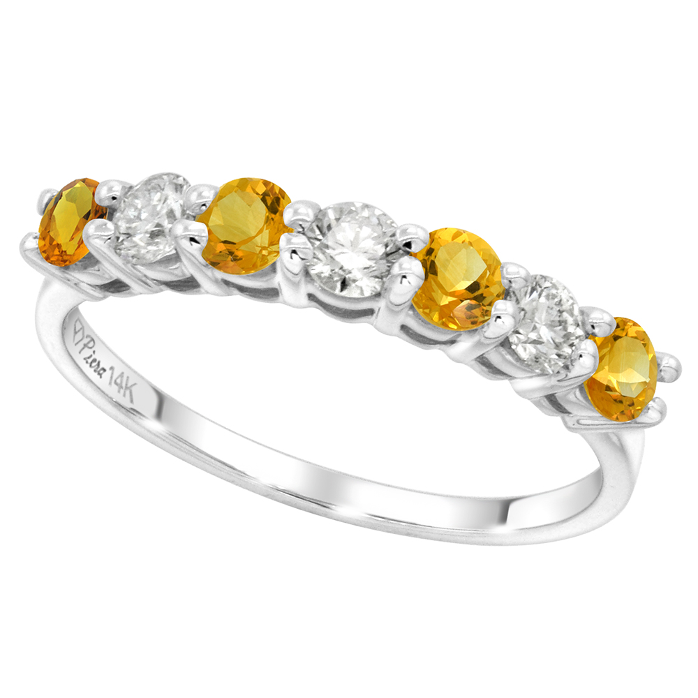 14k White Gold Genuine Citrine and Diamond 7-stone Ring Round Brilliant cut 0.35ct 3mm, size 5-10