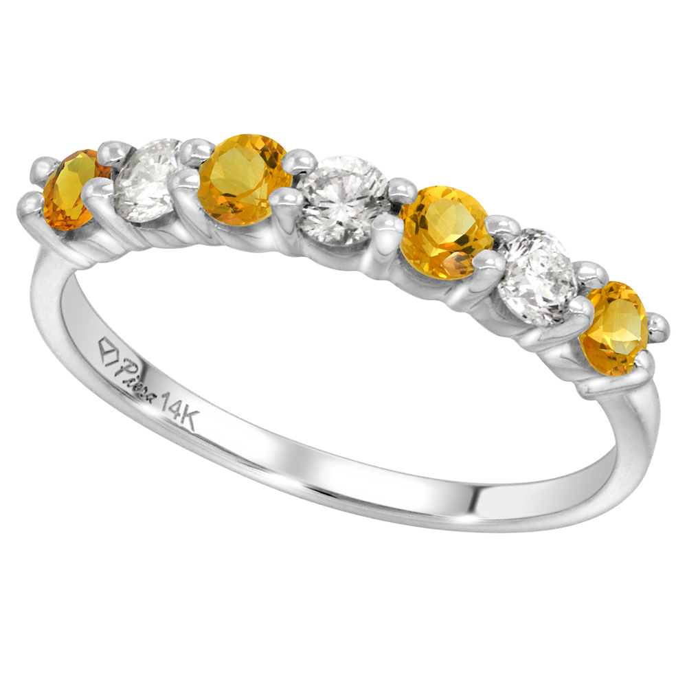14k White Gold Genuine Citrine and Diamond 7-Stone Ring Round Brilliant cut 0.35cttw 3mm, size 5-10