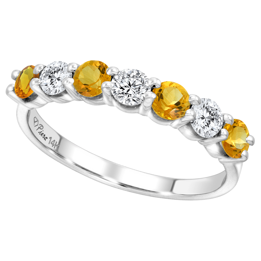 14k White Gold Genuine Citrine and Diamond 7-Stone Ring Round Brilliant cut 0.77cttw 4.1mm, size 5-10