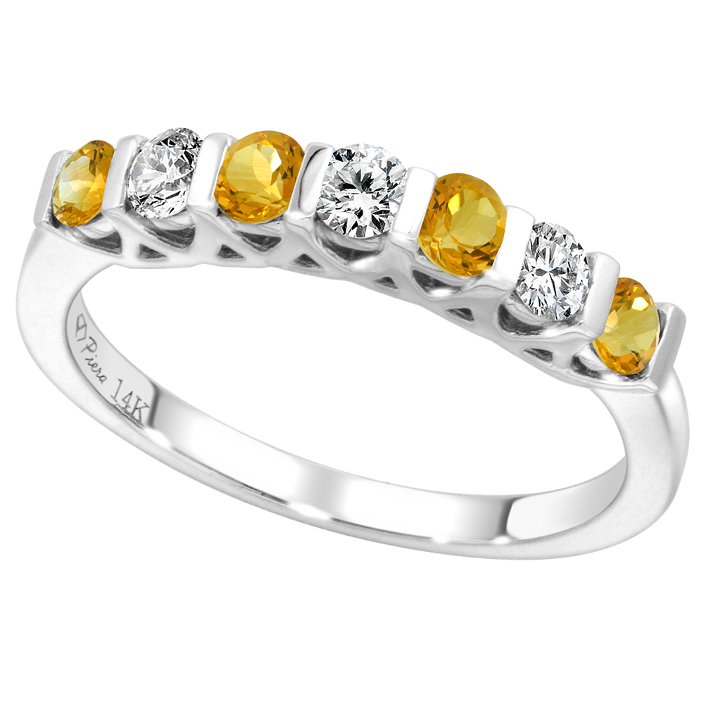 14k White Gold Genuine Citrine & Diamond 7-Stone Ring Round Brilliant cut 0.3cttw 2.8mm, size 5-10
