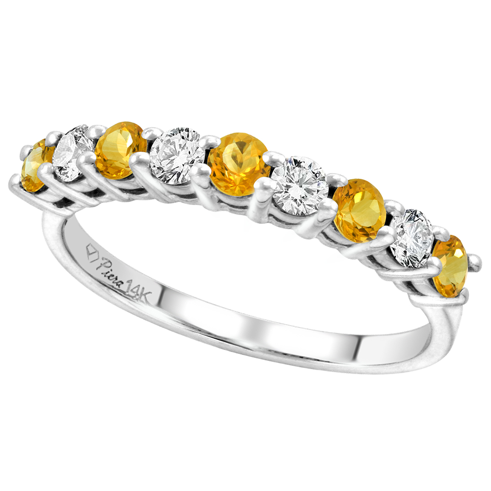 14k White Gold Diamond and Genuine Citrine 9-Stone Ring Round Brilliant cut 0.4cttw 2.8mm, size 5-10