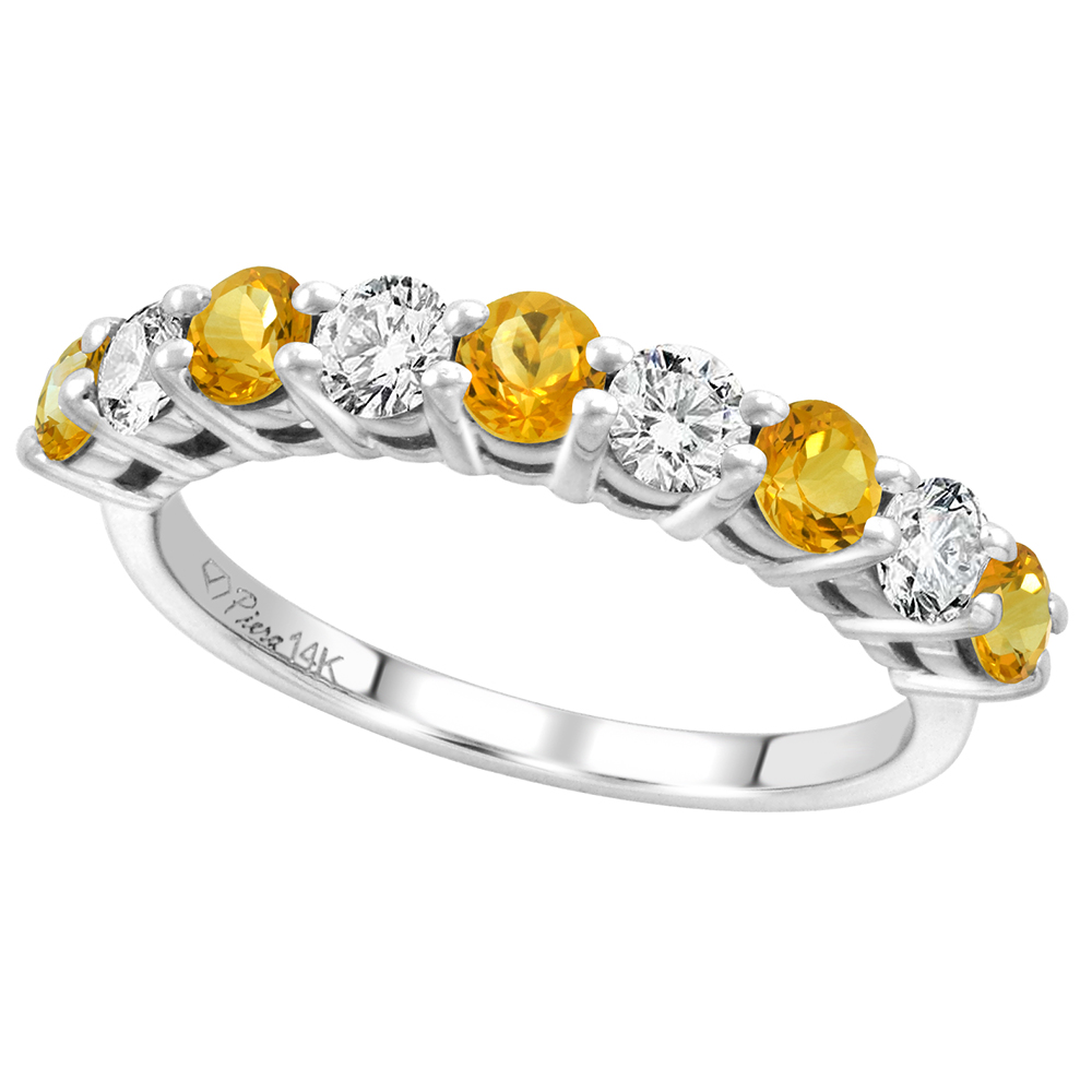 14k White Gold Diamond & Genuine Citrine 9-Stone Ring Round Brilliant cut 0.52 cttw 3.1mm, size 5-10