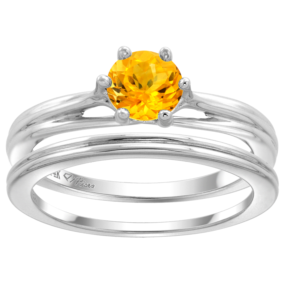 14k White Gold Genuine Citrine Solitaire Engagement 2pc Ring Set Round 6mm, size 5-10
