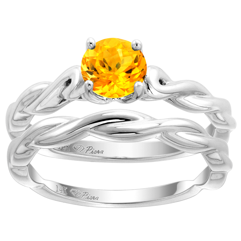 14k White Gold Genuine Citrine 2pc Solitaire Engagement Ring Set Round 6mm Twisted Shank, size 5-10