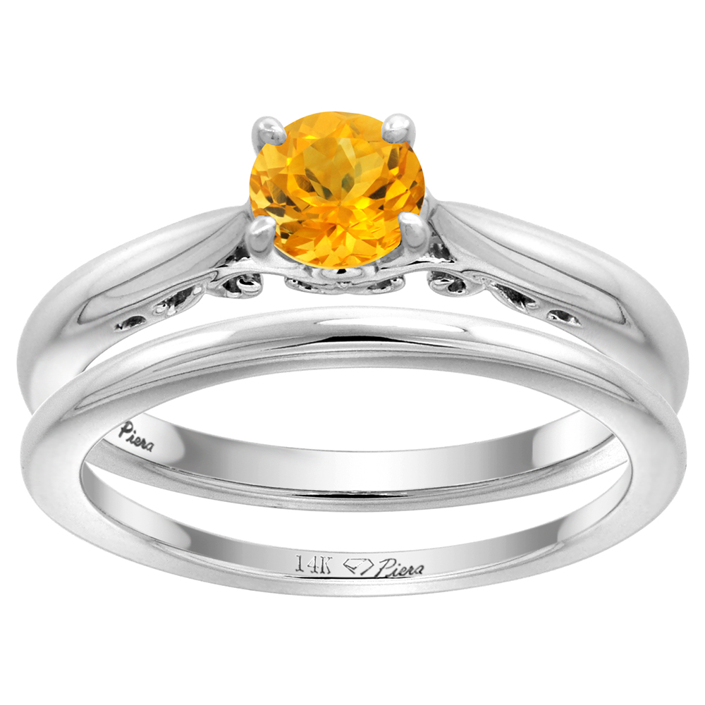 14k White Gold Genuine Citrine Solitaire Engagement 2pc Ring Set Round 6mm, size 5-10