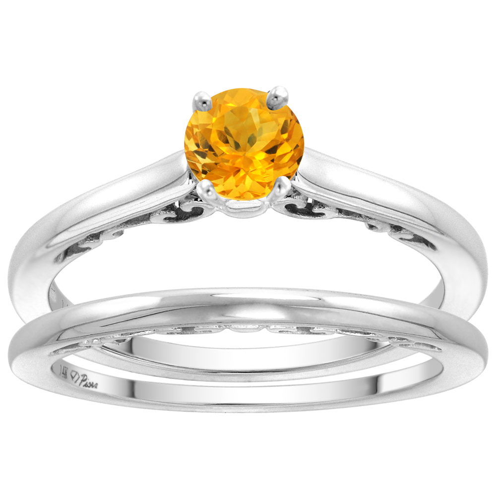 14k White Gold Genuine Citrine Solitaire Engagement 2pc Ring Set Round 4mm, size 5-10