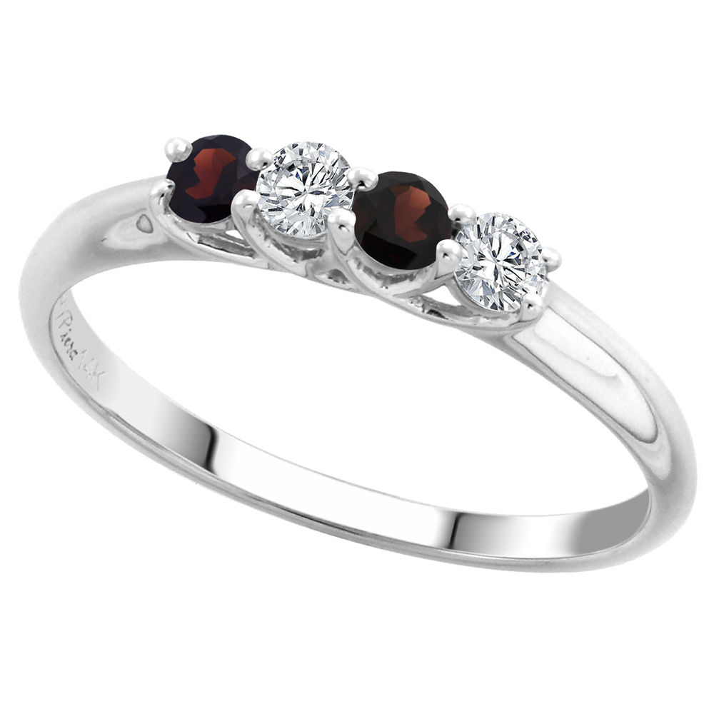 14k White Gold Genuine Garnet and Diamond 4-Stone Ring Round Brilliant cut 0.17ct 2.7mm, size 5-10