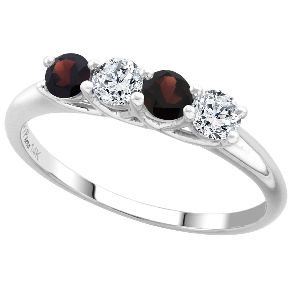 14k White Gold Genuine Garnet and Diamond 4-Stone Ring Round Brilliant cut 0.28ct 3.2mm, size 5-10