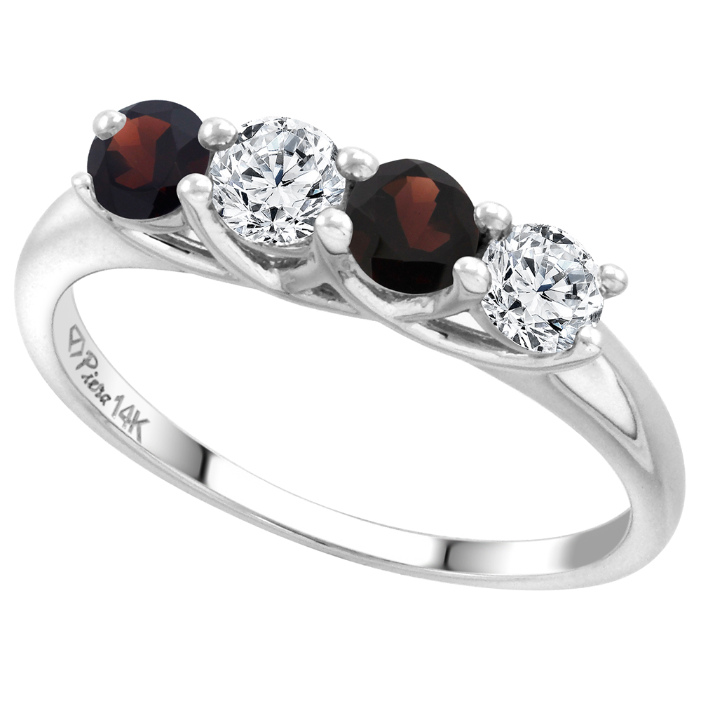 14k White Gold Genuine Garnet and Diamond 4-Stone Ring Round Brilliant cut 0.4cttw 3.7mm size 5-10