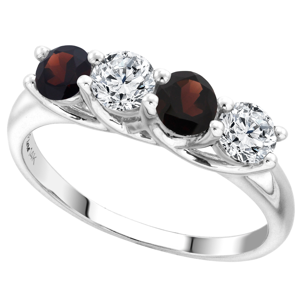 14k White Gold Genuine Garnet and Diamond 4-Stone Ring Round Brilliant cut 0.5cttw 4.1mm size 5-10