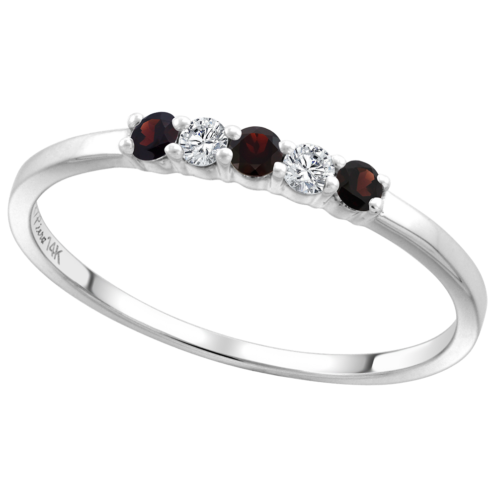 14k White Gold Genuine Garnet and Diamond 5-Stone Ring Round Brilliant cut 0.08cttw 2mm, size 5-10