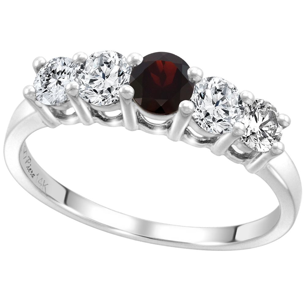 14k White Gold 0.6ct Diamond & Genuine Garnet 5-Stone Ring Round Brilliant cut 4mm, size 5-10
